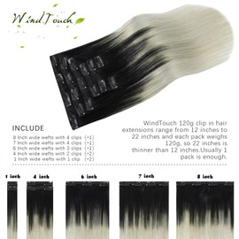WindTouch Black Silver Clip in Hair Extensions Human Hair, 16 Inch 120g 7pcs Natural Black Fading to Gray Ombre Hair Extensions for Women Real Human Hair, Remy Human Hair Clip in Extensions