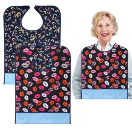Waterproof Bibs for Adults, Washable, Pack of 2, Butterfly Lips, Reusable, Waterproof Bibs for Elderly People with Crumb Catcher, Disabled Bibs for Women and Men, black