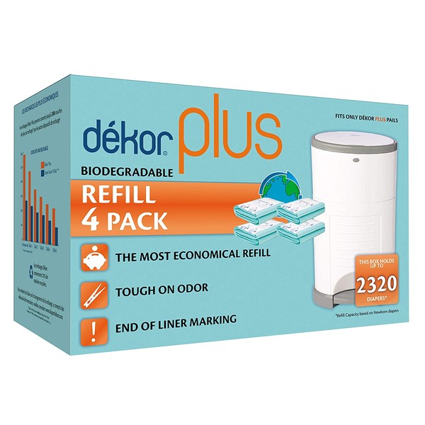 Dekor Plus Diaper Pail Biodegradable Refills | 4 Count | Most Economical Refill System | Quick and Simple to Replace | No Preset Bag Size – Use Only What You Need | Exclusive End-of-Liner Marking