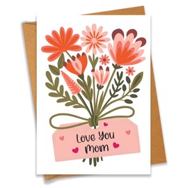 PEONYNFOX Love You Mom Mother's Day Birthday Just Because Floral Bouquet Greeting Card for Mother Mom Mum Mama Mommy Her - Size 4.7"x6.3" Blank Inside with Kraft Envelope
