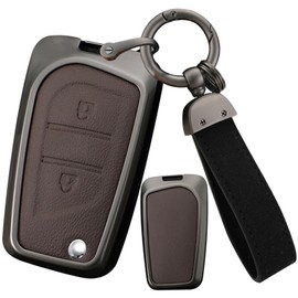 ontto 2 buttons Key Fob Cover Fit for Toyota Camry C-HR Corolla Cross RAV4 Hilux Sequoia Sienna Tacoma Tundra Flip Alloy Leather Smart Key holder Shell case keyring keychain accessories Brown A