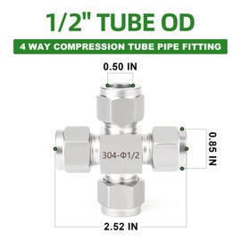 TAISHER 1PCS 304 Stainless Steel 4 Way Compression Tube Pipe Fitting Connector, 1/2" x 1/2" x 1/2" x 1/2" Tube OD Adapter