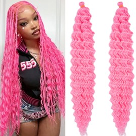 Pink Curly Wavy Braiding Hair Pre Stretched Deep Water Wave Crochet Hair 24 Inch 2 Packs Pink Boho Hair for Braiding Synthetic Bohemian Ocean Wave Braiding Hair for Boho Crochet Braids