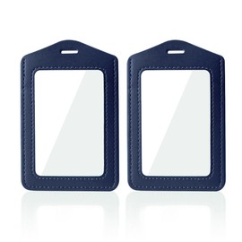 Larpur Vertical Badge Holders, PU Leather ID Card Cases with Double-Sided Clear Window, Pack of 2 Blue ID Holders for Work, School, Exhibition, Office