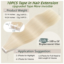 Benehair Tape in Hair Extensions Real Human Hairs #60 Platinum Blonde Invisible Tape Remy Straight Extension 16 Inches (25 g)