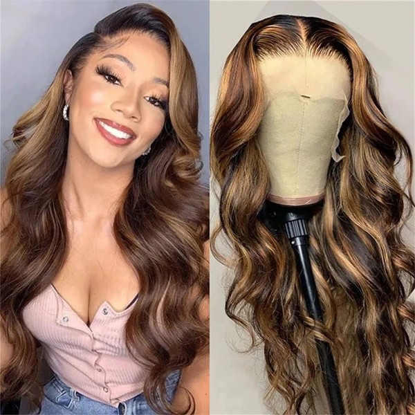Ombre Highlight Lace Front Wigs Human Hair Msgem 22 Inch 13 x 6 Body Wave Human Hair T Part Wigs 150% Density Brazilian Body Wave HD Lace Wigs Pre Plucked With Baby Hair 4/27 Colour