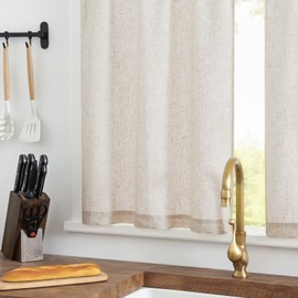 TOPICK Kitchen Curtains Crude 36 Inch Drop Linen Curtains Cafe Curtains Small Window Half Flax Curtains Solid Pattern Short Rustic Style Curtains Rod Pocket for Basement Laundry Room Sink 2 Panels