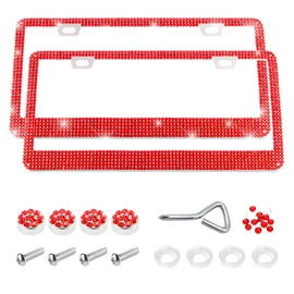 Xiqaler 2 PCS Bling License Plate Frame, Sparkling Rhinestone Auto Tag Frame with Glitter Caps, Bling Rustproof Stainless Steel License Plate Holder for Most Vehicles, Car Accessories (Red)