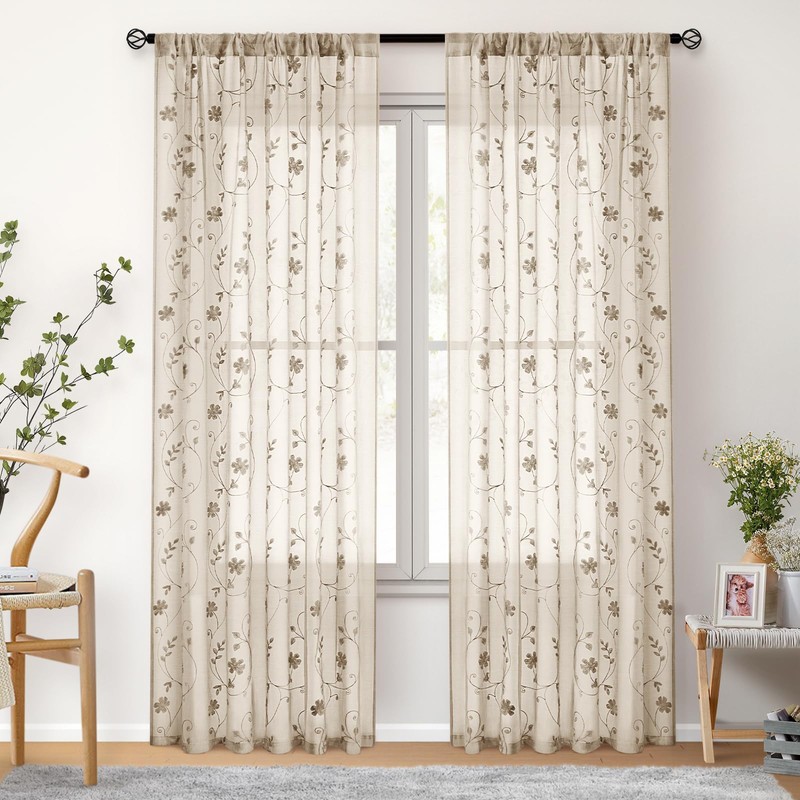 HOMEIDEAS Taupe Sheer Curtains 96 Inches Long 2 Panels Beige