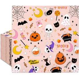 50 Pack Halloween Paper Napkins Cartoon Ghost Pumpkin Spider Web Luncheon Pink Napkin, Dinner Hand Napkin for Party Supplies