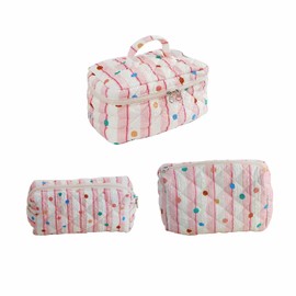 LYkotama Makeup Bag Set, Large Travel Cosmetic Bags for Women, 3pcs Cute Floral Makeup Bags, Cotton Quilted Toiletry Organizer Bag, Women's Emergency Bag (Pink - Circle)