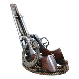 Ebros Gift Country Western Cowboy Six Shooter Gun Pistols Double Revolver Bull Ropes Lasso and Lucky Horseshoe Wine Bottle Holder Rack Caddy Statue Vintage Wild West Rustic Home Decor
