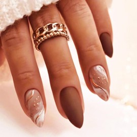 Brown Smudge Medium Almond Press on Nails with Curve Line Design, Matte Marble False Nails Gel Glue on Nails, Autumn Winter Solid Color Manicure Art Fake Nails Stick on Nails for Coquette Women Girls
