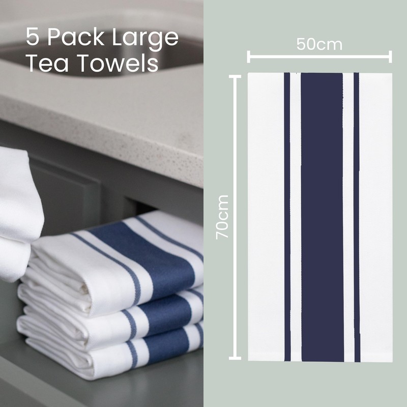 100% Cotton Tea Towel - Midnight Blue Stripe Pattern, Pack
