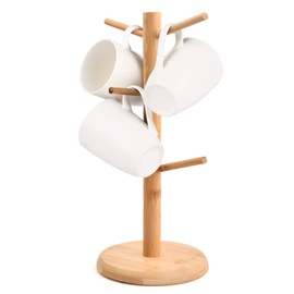 Chstarina Wooden Cup Stand, Bamboo Wooden Cup Holder, Pretzel Holder, Tree Cup Holder, Cup Rack, Cup Rack, Cup Tree, Coffee Cup Rack with 6 Hooks for Kitchen Counter Tabletop