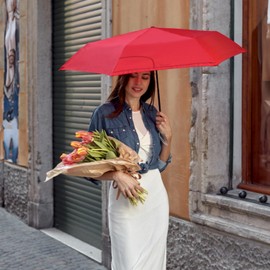 PERLETTI Slim Pocket Umbrella for Women Men - Compact Umbrella Manual Small Lightweight Plain - Mini Rain Umbrella Women's Umbrella Ultralight Foldable - Diameter 91 cm, red