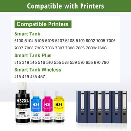 GREENPRINT 31 32XL Compatible Ink Bottle 6000 Pages Black 8000 Pages CMY for H P 319 455 515 530 555 558 559 570 655 670 750 790 5105 5106 5107 7005 70067305 7306 7605 415 419 Printer Pack of 4