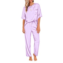 Ekouaer Women Silk Pajamas Set 2 Pieces Loungewear Short Sleeve Sleepwear Long Pajama Pant Set Lilac,L
