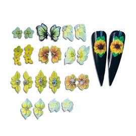 Set 3D Acrylic Yellow Flower Nail Art Charms Handmade by Acrylic Powder - 24pcs 3D Flowers Nails Rhinestones Kit 3D Crystal Nail Pearls Design Acrylic Nail Art for Women (Yellow)