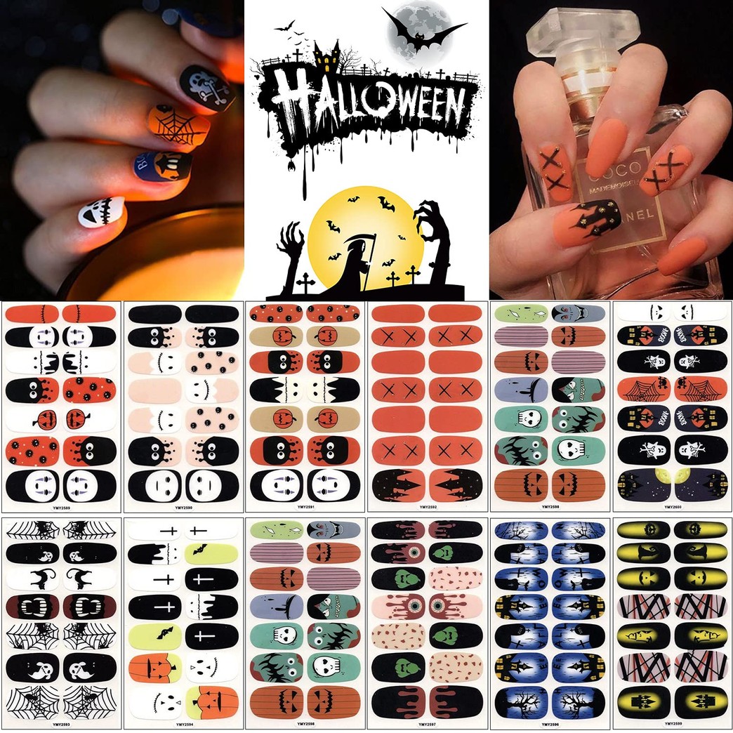 12 Sheets Halloween Nail Wraps Nail Art Stickers, Self-Adhesive Full Wrap Nail Polish Stickers Decals Strips Pumpkin Bat Ghost Spider Vampire Pattern for Halloween Party Nail Decor
