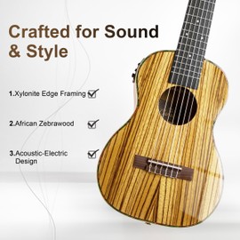 Caramel 6 String CB103G 30 Inch High Gloss Zebra Wood Acoustic & Electric Ukulele Guitalele with Truss Rod with Padded Gig Bag, Strap