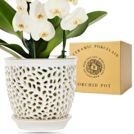 Mama Cozy Life Elegant Orchid Pot with Holes, Large 6.5 inch Premium Porcelain Ceramic Orchid Pot for Repotting, Durable Ceramic Planter with Removable Saucer for Easy Drain, Planter Gifts for Moms