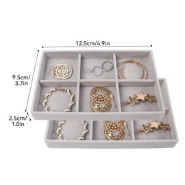 Nwvuop 2 Pack Jewellery Organiser Tray Stackable Velvet 6-Compartment Jewellery Trays Small Jewelry Drawer Organizer 4.92× 3.74× 1 inches(Grey)