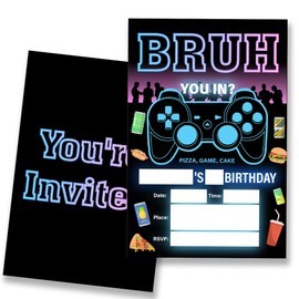 VIYZZX Boy Birthday Party Invitation Bruh Neon Games Birthday Invitations for Boys Teens Teenager Boys Gamer Neon Party Invites with Envelopes Set of 20, Double Sided