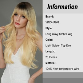 TRUMOST 28 Inch Long Wavy Ombre Blonde Wig with Bangs for Women Layered Platinum Blonde Synthetic Wig with Dark Black Roots Natural Looking Heat Resistant Curly Hair for Daily Wear, Party & Cosplay