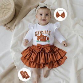 Baby Girl Football Outfit Newborn Onesie Ruffle Tutu Skirt Stocking Set Infant Rugby Romper Fall Winter Clothes (B Game Day Brown, 12-18 Months)