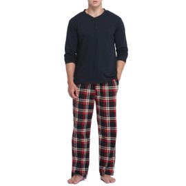 Vlazom Men's Pajamas Set Long Sleeves Soft Pj Top and Plaid Pants for Sleepwear Loungewear with Pockets,A-Red Plaid & Dark Blue,S