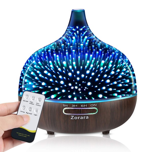 Essential Oil Diffuser 550ml Cool Mist Humidifier 3D Glass Ultrasonic Aromatherapy Humidifier with 7 Color Changing Led Lights, Waterless Auto Shut-Off, Adjustable Timer for Home Bedroom Office