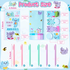 PANTIDE Axolotl Sticky Note A5 Notebooks Pens Stationary Set - Axolotl Self-Stick Notes Pads Spiral Notebooks Black Gel Ballpoint Pens School Office Supplies Teacher Appreciation Gift with Box (Blue)