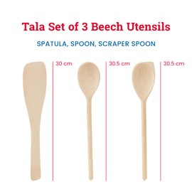 Tala Set of 3 Wooden Cooking Utensils - FSC¨ Beech Wooden Spatulas for Cooking, Spoon & Scraper Spoon - Heat Resistant, Easy to Use, Easy to Clean - Bakeware Accessories - Set of 3