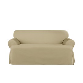SureFit Heavyweight Cotton Duck T-Cushion Loveseat Slipcovers, Heavyweight Cotton Loveseat Cover, One Piece Design, Loveseat Cover with Seat Elastic and Adjustable Corner Ties, Khaki