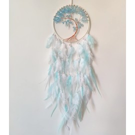 Donko Dream Catcher for Girls, Tree of Life Crystal Dream Catcher, White Cyan Feather Dream Catchers Wall Hanging for Bedroom Adult Kids Wall Art Ornament Craft Gifts