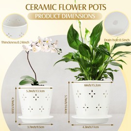 Suclain 2 Pcs 5 & 6 Inch Ceramic Orchid Pots with Holes Outdoor Indoor Orchid Planter Pot with Drainage Hole and Saucer Orchid Flower Pot Set for Repotting Promote Airflow Deter Over Watering (White)