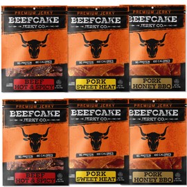 BEEFCAKE Jerky Sweet to Hot Jerky Sweet Heat Pork, Honey BBQ & Hot Spicy Beef Meat Snacks, 9 Gram of Protein and 100 Calories 2.7 Oz | Pack of 6