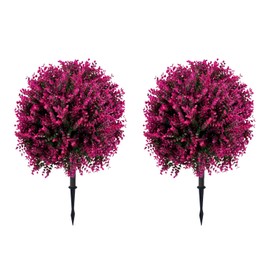 Artificial Boxwood Topiary Ball Tree with Ground Spike 27.5", Set of 2 Outdoor Faux Plants UV Resistant Fake Bushes Shrubs for Garden, Yard, Porch, Patio Decor (Hot Pink)