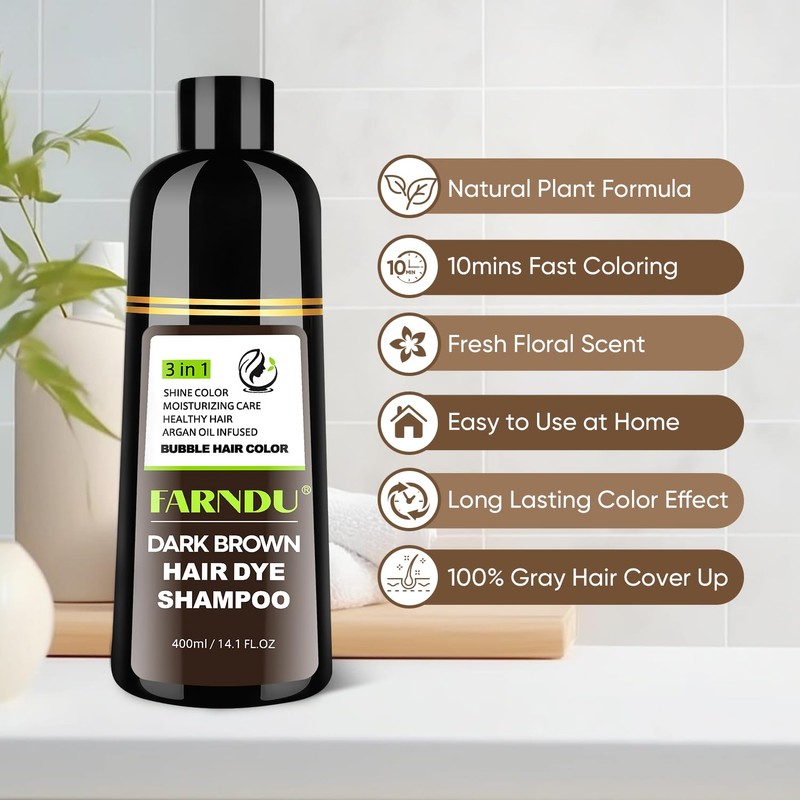 Farndu Dark Brown Hair Dye Shampoo for Women Men, 3