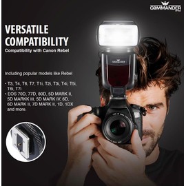 Commander Optics E-TTL Flash Speedlite Bounce/Swivel LED Backlit with 4 Rechargeable AA Batteries for Canon Rebel T7, SL3, 4000D, 850D, 80D, 90D, R, RP, R5, R6, R8, 6D Mark II, 5D Mark IV & More