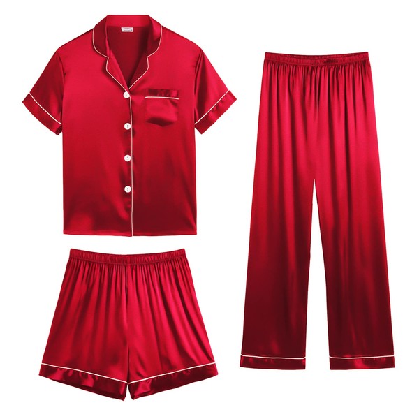 SWOMOG Womens 3pcs Silk Satin Pajamas Sets Sleepwear Shorts Set and Button Down Short Sleeve Pjs Loungewear Red
