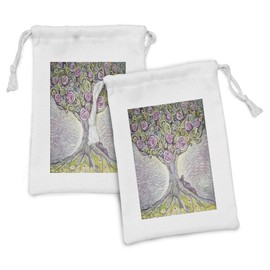 Ambesonne Tree of Life Fabric Pouch Set of 2, Blossom Plant Illustration Paint Style Spring Love Universe Concept, Small Drawstring Bag for Toiletries Masks and Favors, 9" x 6", Purple Pink Green