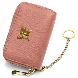 imeetu RFID Credit Card Holder for Women Genuine Leather Card Case Wallet with Zipper and Removable Keychain (Coral Pink)