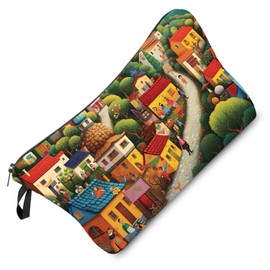 Livel lhood Colorful Town Makeup Bag Cartoon Country Road Cute Small Organizer Bag Zipper Pouch Country Landscape Cosmetic Bag Present for Women Friends