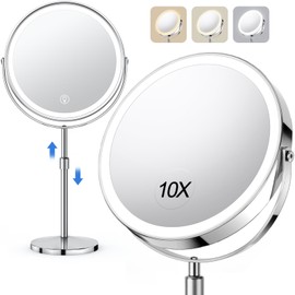UBYMET Lighted Makeup Mirror, Rechargeable Height Adjustable Double Sided, 1x/10x Magnifying with 3 Color, Brightness Adjustable, 360° Rotation Vanity, Gift for Women