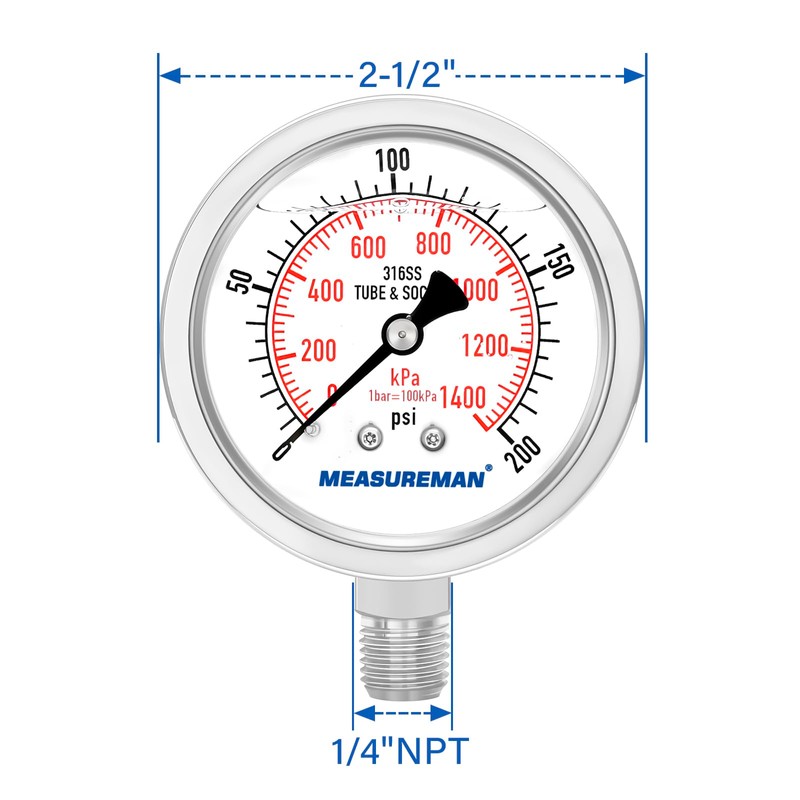 MEASUREMAN Fully Stainless Steel Hydraulic Glycerin Filled Pressure Gauge, 2-1/2"