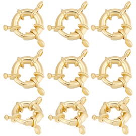Beebeecraft 1 Box of 10 Spring Ring Clasps 18 Carat Gold-Plated Closed Ring Clasps with 2 Holes with 13 mm Diameter for DIY Jewellery Making