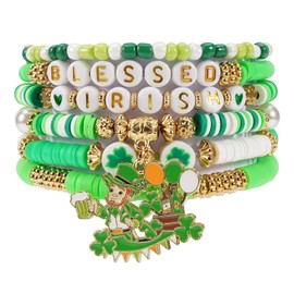 St. Patrick's Day Bracelets Set Shamrock Surfer Heishi Beaded Stretch Layering Friendship Irish Stackable Adjustable for Women Festival Party Jewelry