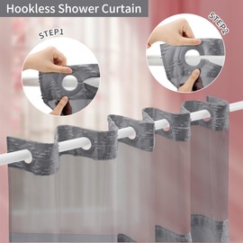 Hookless Shower Curtain with Snap in Liner 71" x 74" Double-Layer Waterproof Polyester Shower Curtain for Bathroom or Hotel Use,Removable Liner,Magnetic Hem,Large Rings,Machine Washable,Grey